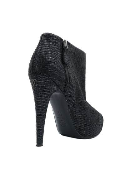 Excellent Chanel Black High-Heeled Ankle Boots Size 38.5 Textile