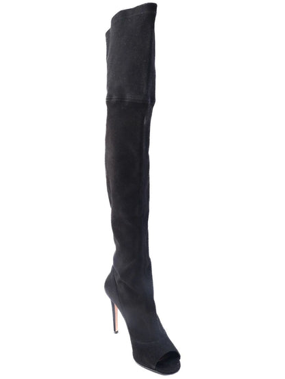 Excellent Black Leather Thigh-High Heels Boots Size 38.5 with Mesh Cutouts