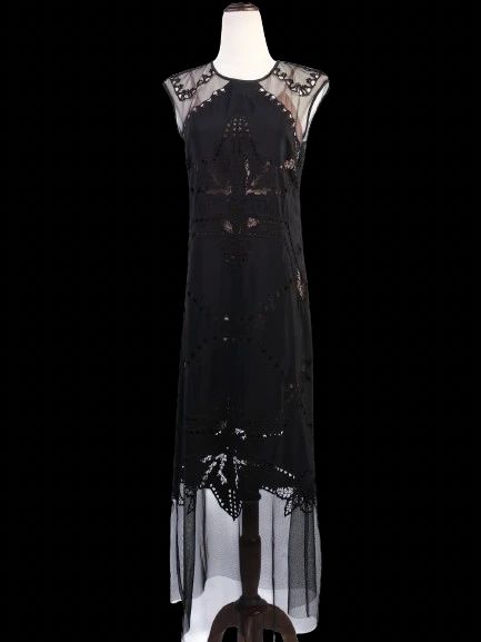 Excellent BCBGMaxazria Black Silk Dress XXS with Sheer Lace Overlay