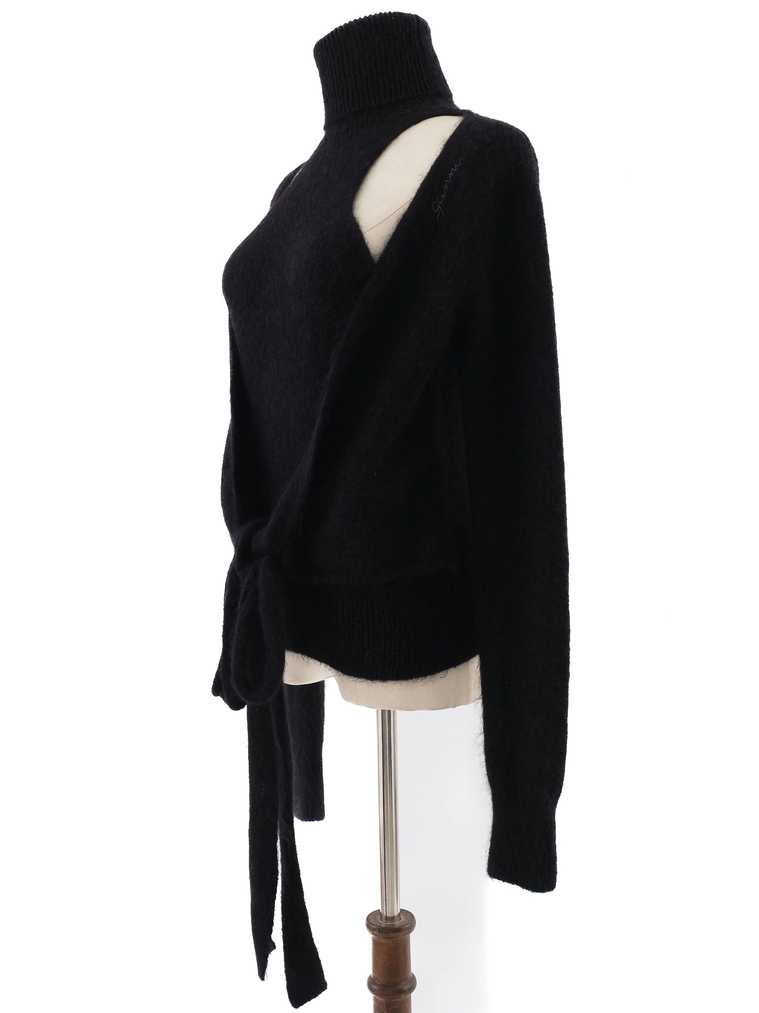 Excellent Ganni Black Wool Turtleneck Sweater Size S with Cutouts