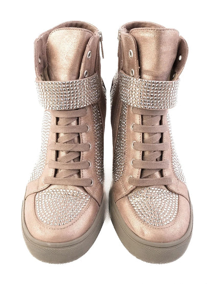 Perfect Lesilla Green Leather Wedge Sneakers with Rhinestones
