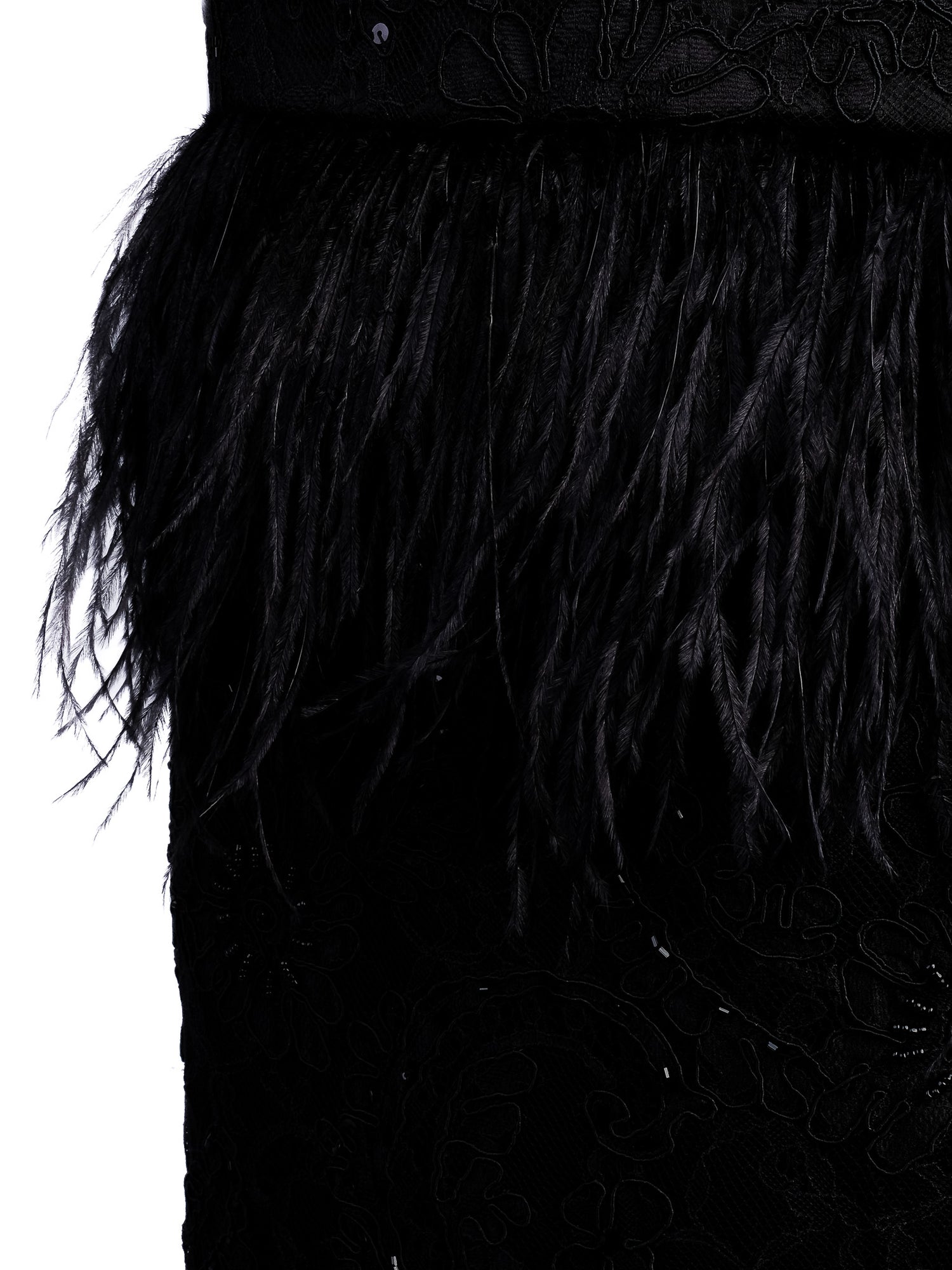 Excellent Alice+Olivia Black Silk Dress with Lace and Feathers