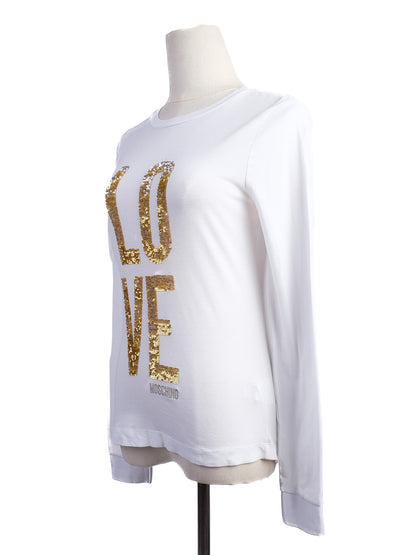 Excellent Moschino White Long Sleeve Shirt XS Gold Sequins LOVE