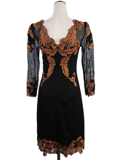 Excellent Karen Millen Black Dress Orange Floral Embroidery Size S