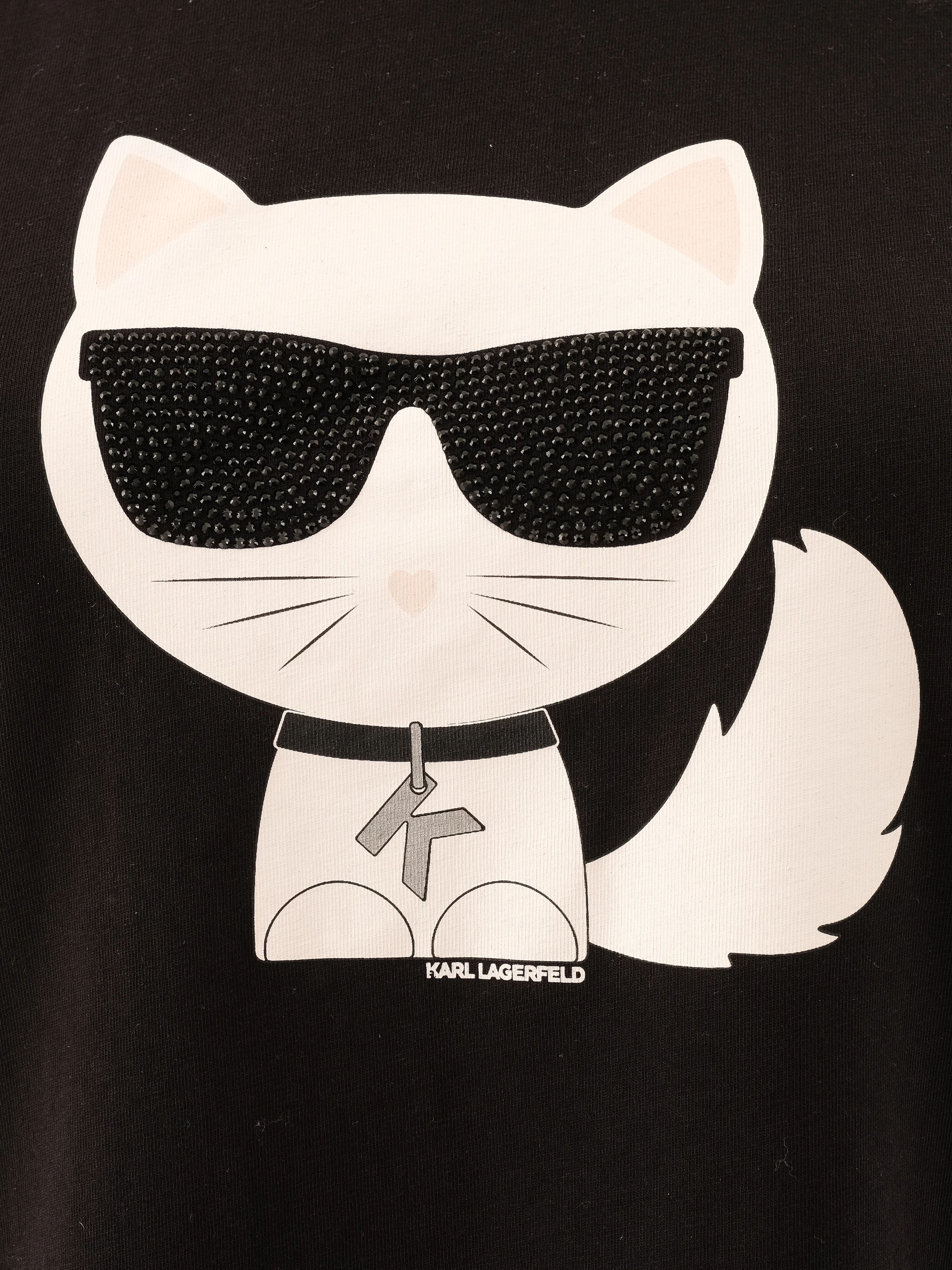 Excellent Karl Lagerfeld Black Cotton T-Shirt Size M with Cat Graphic