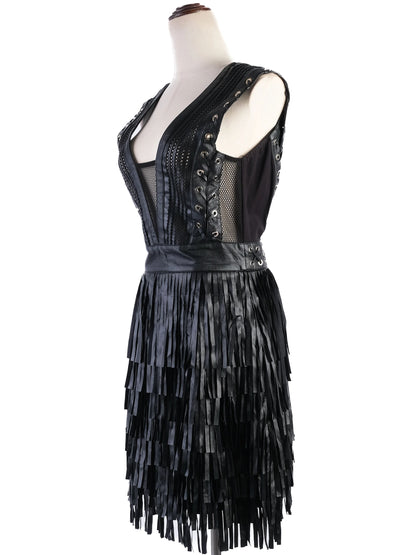 ELISABETTA FRANCHI Black Sleeveless Dress Size L with Lace-up Details