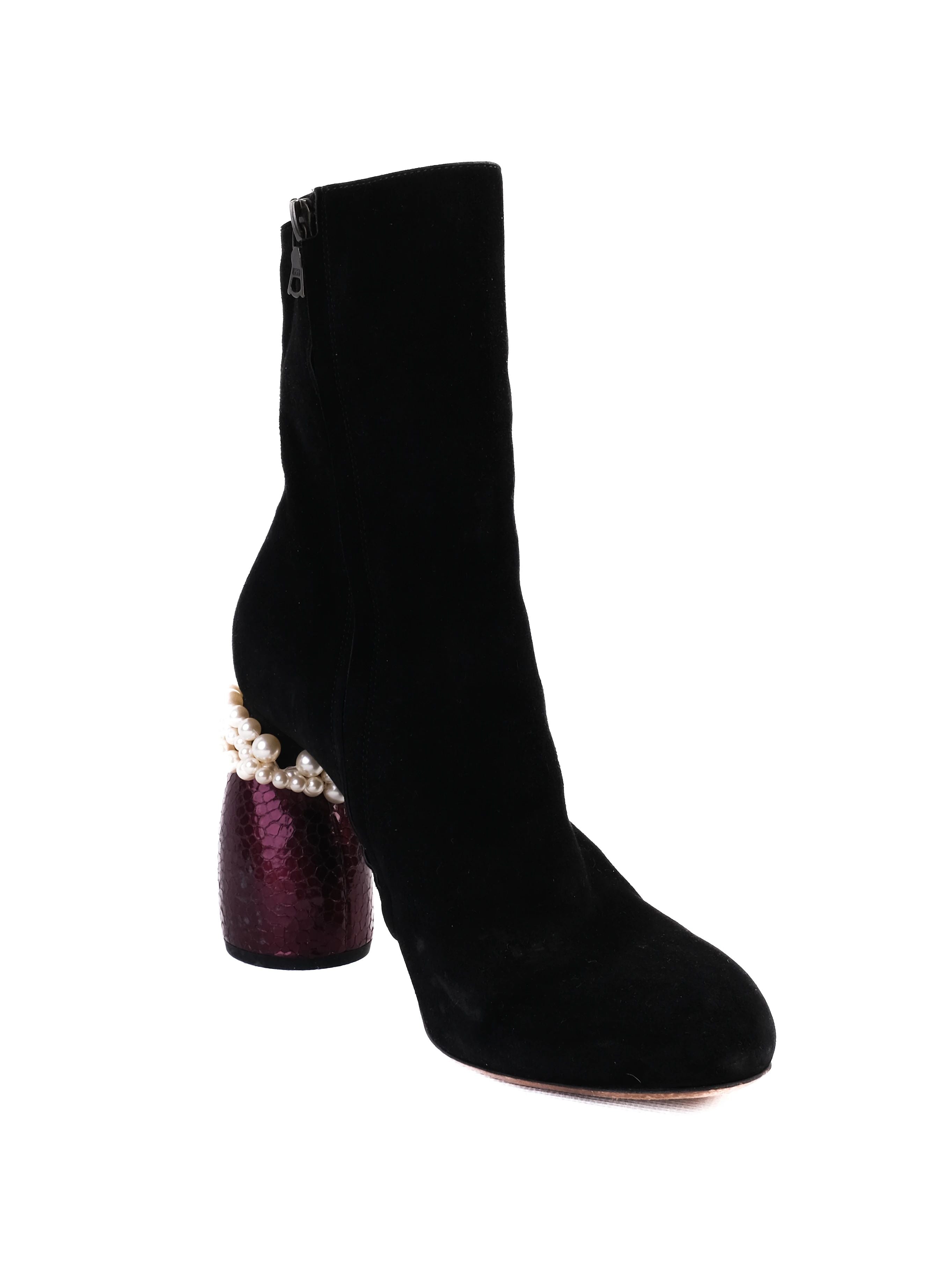 Dries Van Noten Black Leather Heeled Boots Size 39 with Purple Detail