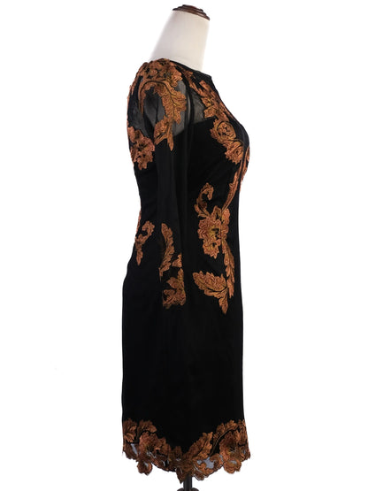 Excellent Karen Millen Black Dress Orange Floral Embroidery Size S