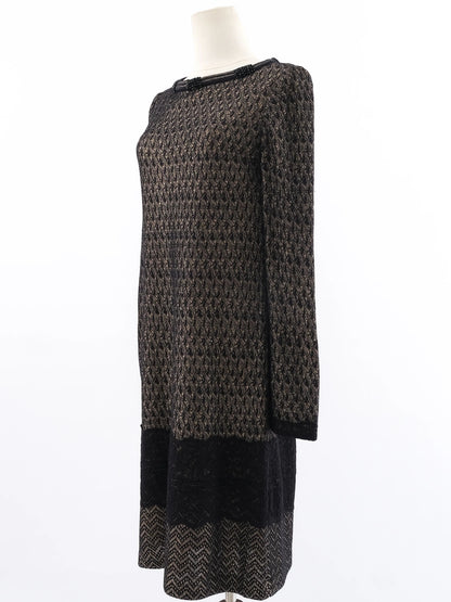 Excellent St. John Geometric Long-Sleeved Dress Size S Black/Brown
