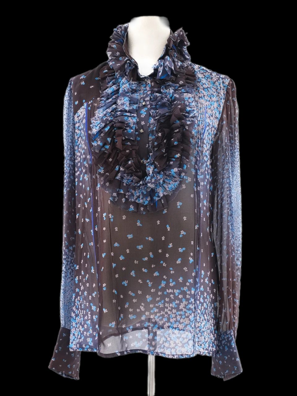 Class Roberto Cavalli Sheer Floral Blouse Blue Silk Size L Excellent