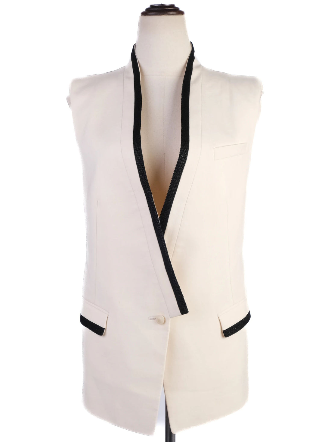 Excellent Roberto Cavalli White Wool Sleeveless Blazer with Black Trim