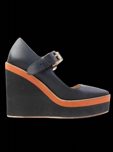 Excellent Max Mara Blue Leather Wedge Shoes Size 35 with Orange Stripe