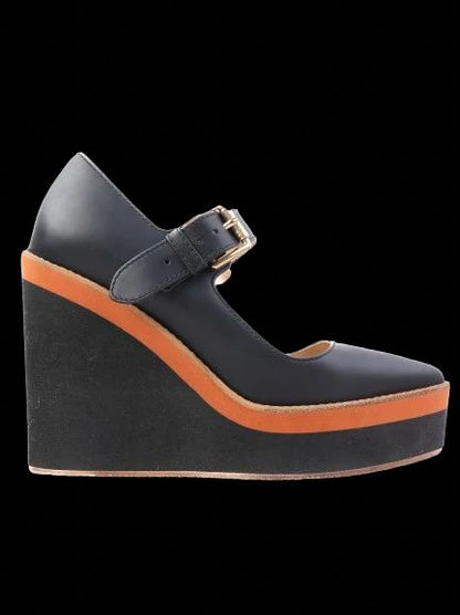 Excellent Max Mara Blue Leather Wedge Shoes Size 35 with Orange Stripe