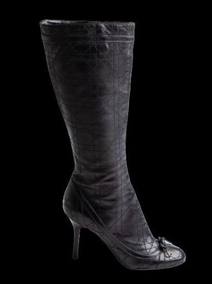 Good Condition Dior Black Leather Knee-High Boots with High Heels