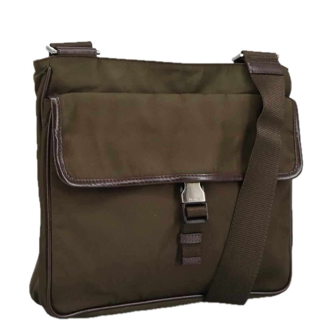 Prada Shoulder Bag Nylon Khaki Brown Silver Auth