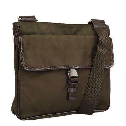 Prada Shoulder Bag Nylon Khaki Brown Silver Auth