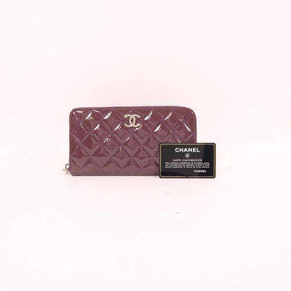 Chanel Purple Purple Enamel Lacquered Leather Long Wallet Silver Pocket Long Wallet Purple L-shaped Zipper Wallet Paten