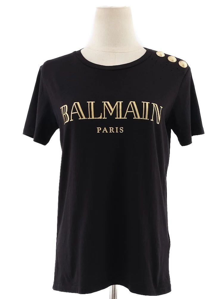 Excellent Balmain Black T-Shirt XS with Gold Print &amp; Buttons