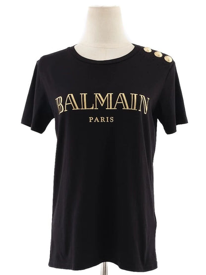 Excellent Balmain Black T-Shirt XS with Gold Print &amp; Buttons