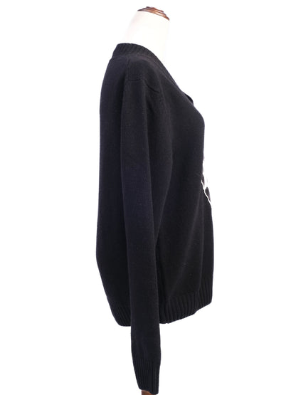 Excellent Dolce Gabbana Black Wool V-Neck Sweater with Logo