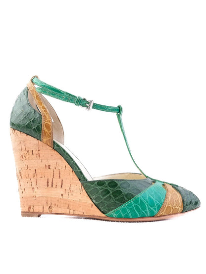 Excellent Prada Green Leather Wedge-heeled Sandals Size 38