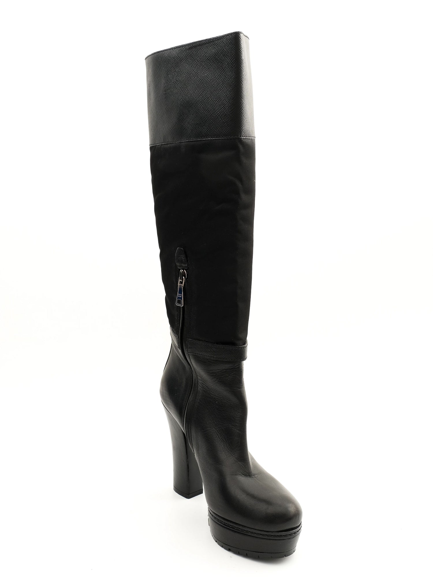Excellent Prada Black Leather Heeled Knee-High Boots Size 35.5