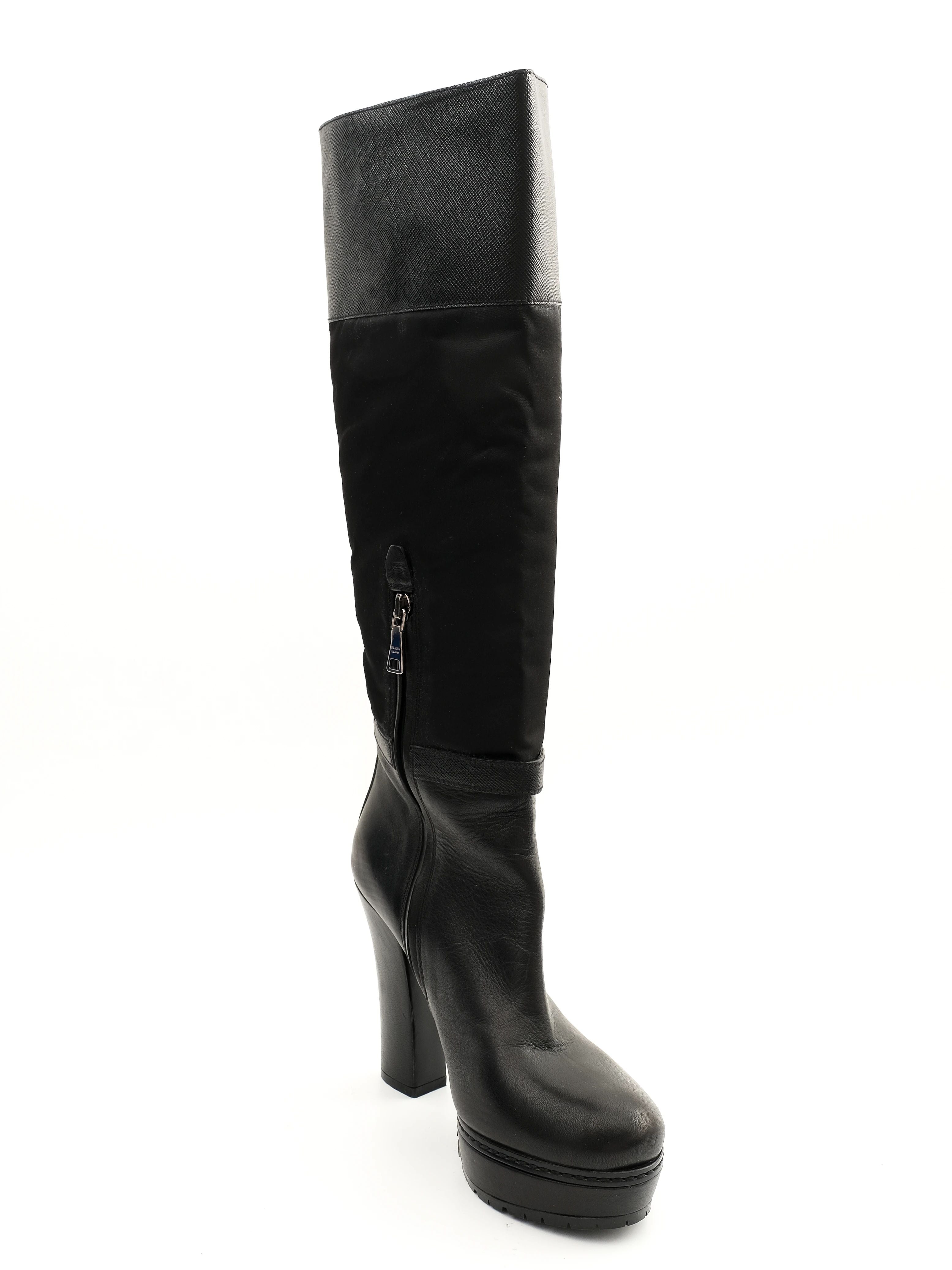 Excellent Prada Black Leather Heeled Knee-High Boots Size 35.5