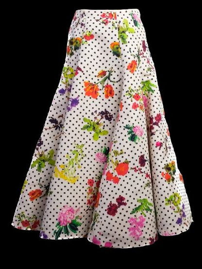 Excellent Oscar de la Renta Silk Floral Polka Dot Skirt Size S
