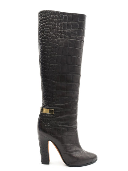 NEW Givenchy Black Leather Knee-High Boots with Gold Buckle Size 37.5