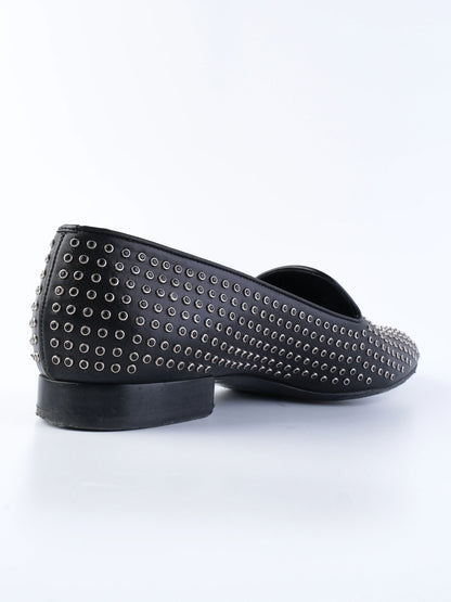 Yves Saint Laurent Black Leather Loafers Size 39.5 with Metallic Studs