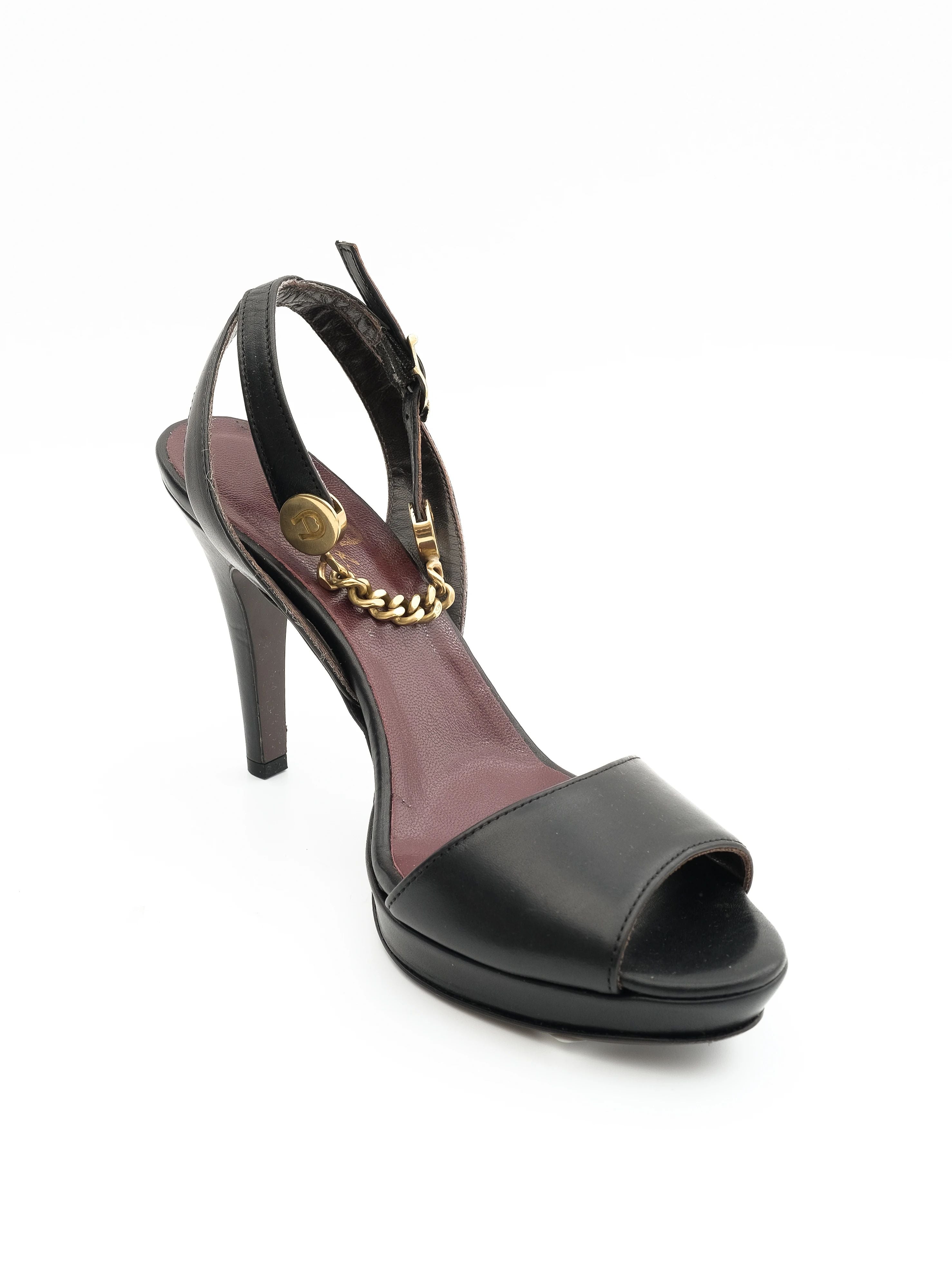 NEW Aigner Black High-Heeled Sandals Leather Size 38 with Gold Details