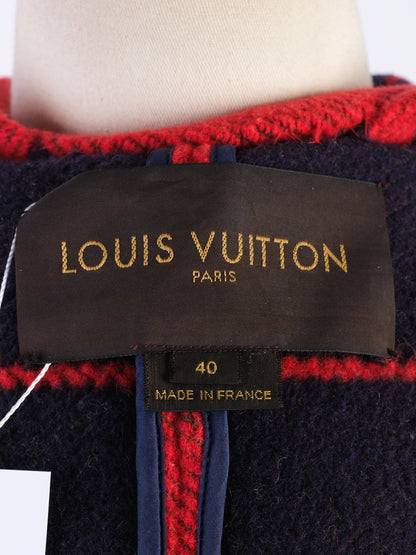 Excellent Louis Vuitton Red Black Wool Cape with Hood and Buttons