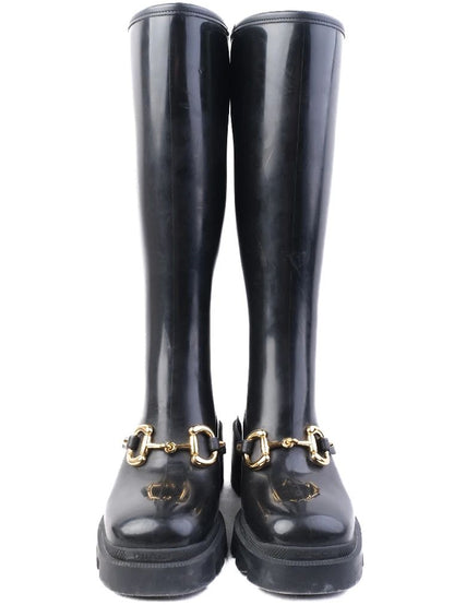Excellent Gucci Black Knee-High Platform Boots with Gold Buckle Detail