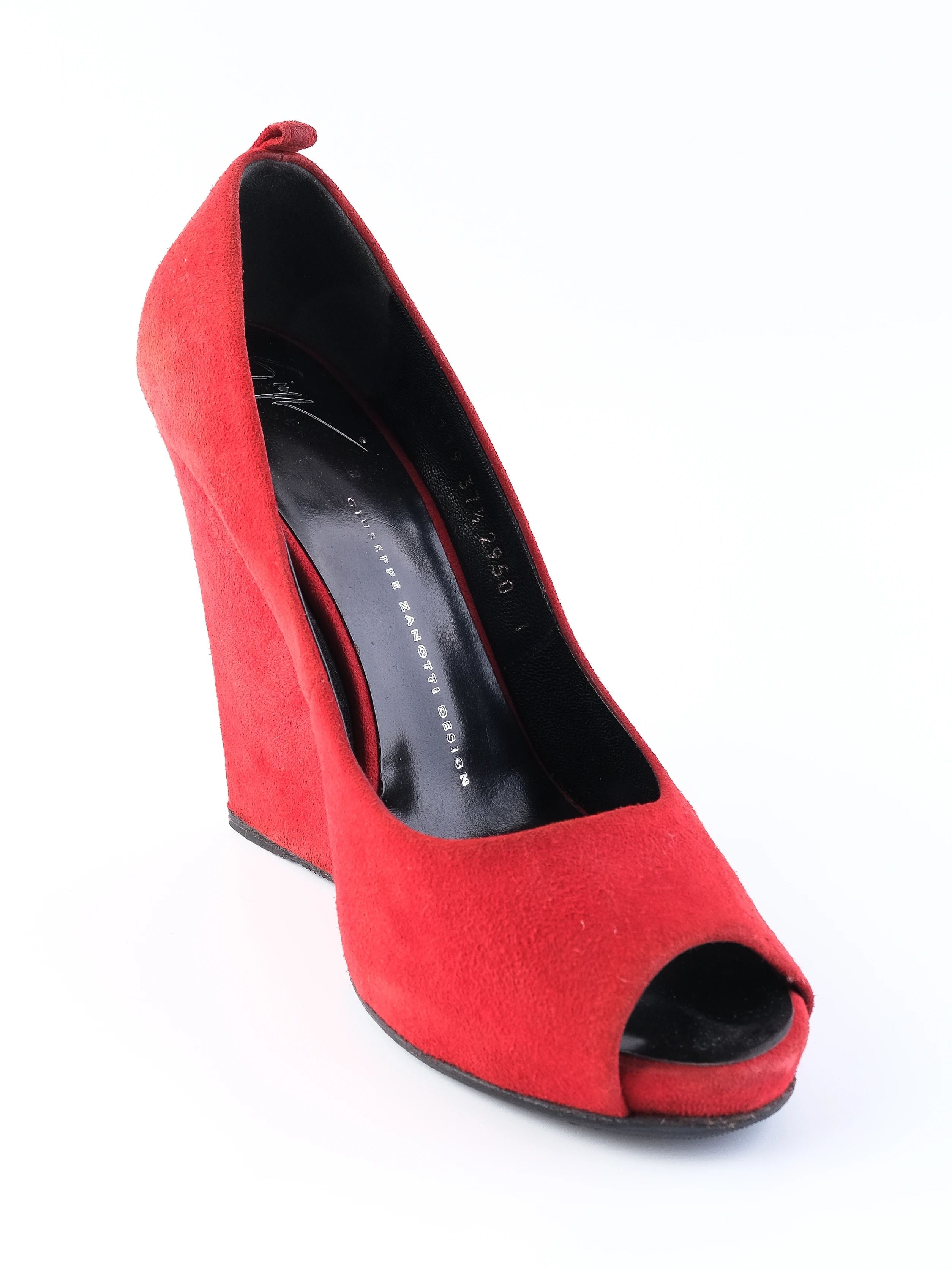 Excellent Giuseppe Zanotti Red Leather Peep-Toe Wedge Shoes Size 37.5