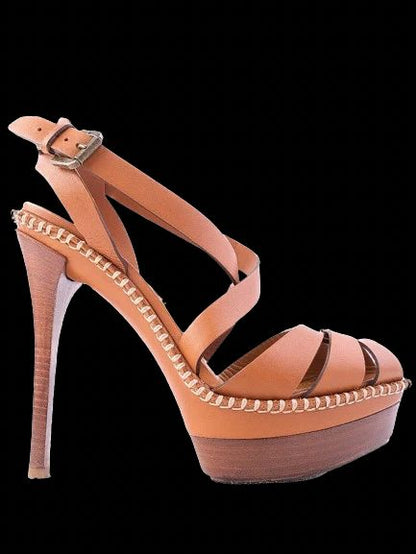 Perfect Ralph Lauren Orange Leather High-Heeled Platform Sandals Size 38.5