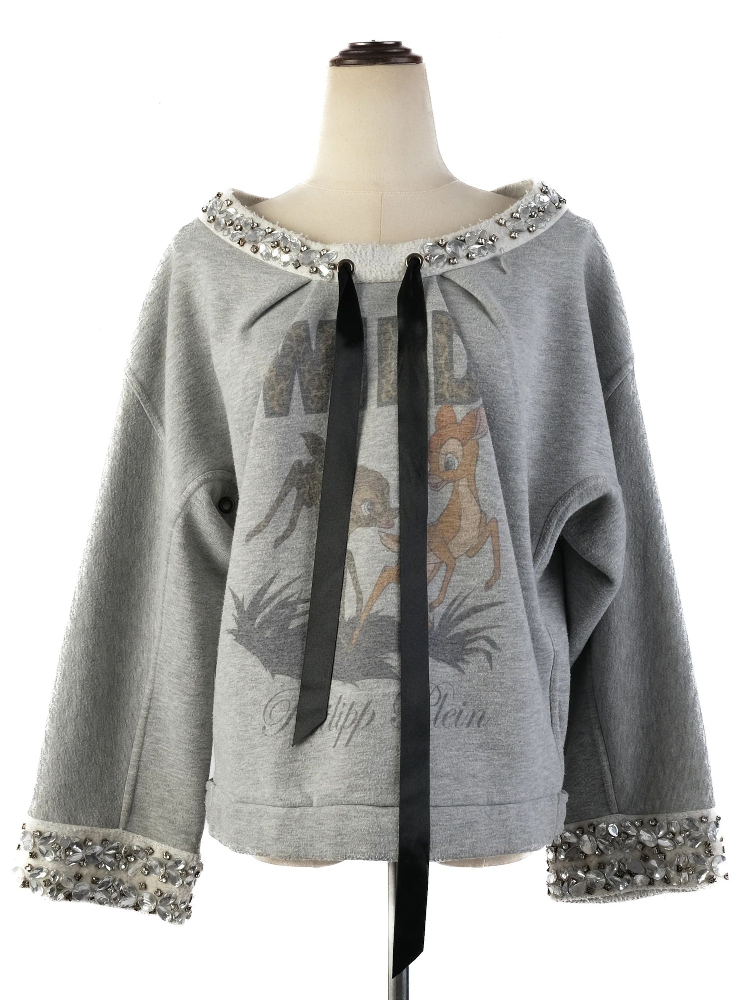 Excellent Phillipp Plein Gray Sweatshirt M with Graphic Deer &amp; Embellishments