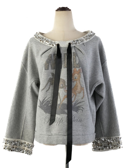 Excellent Phillipp Plein Gray Sweatshirt M with Graphic Deer &amp; Embellishments