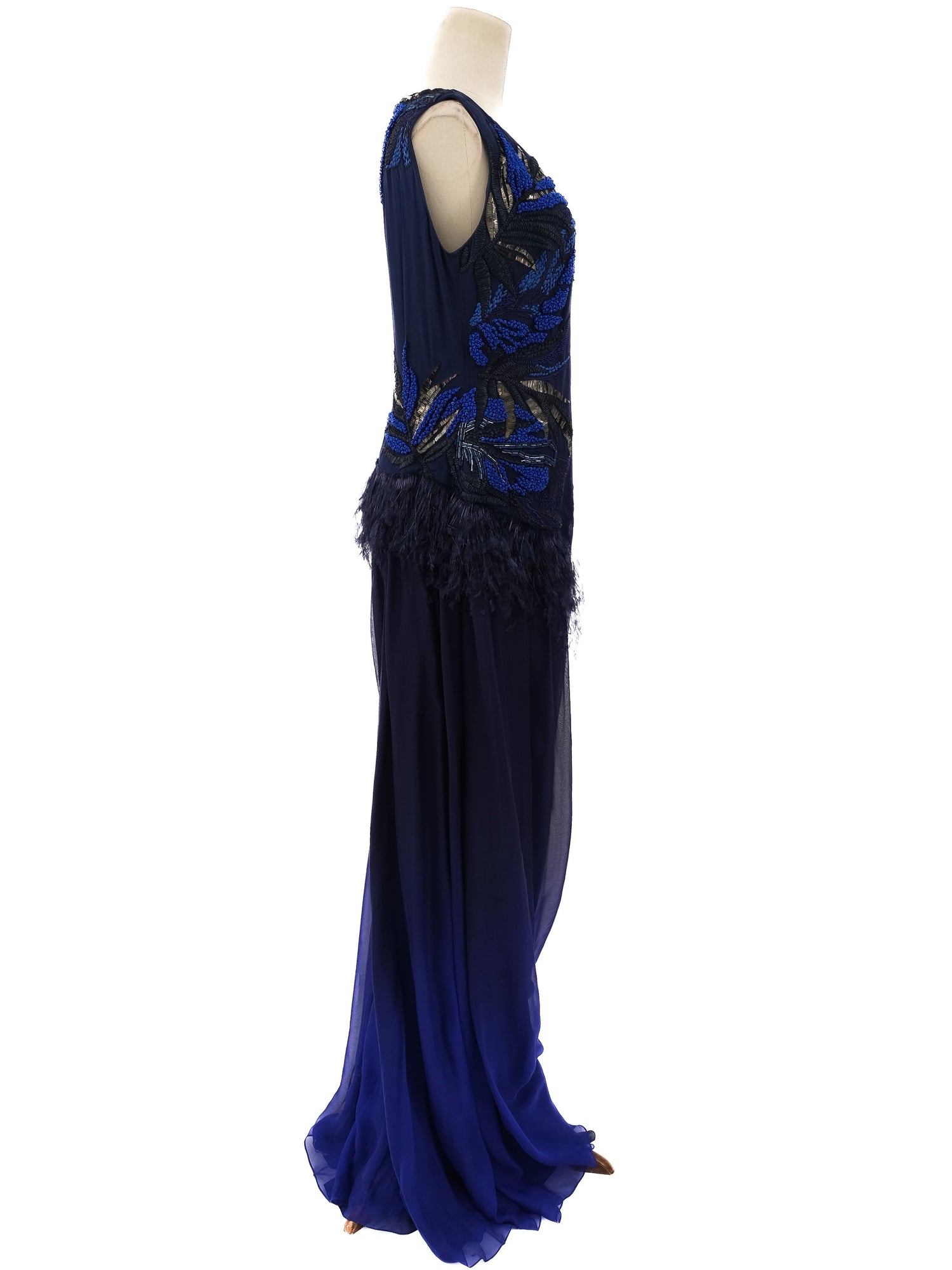 Excellent Dark Blue Silk Gown with Floral Embellishments