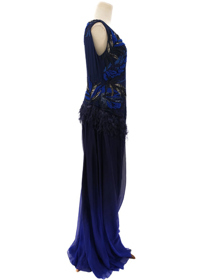 Excellent Dark Blue Silk Gown with Floral Embellishments