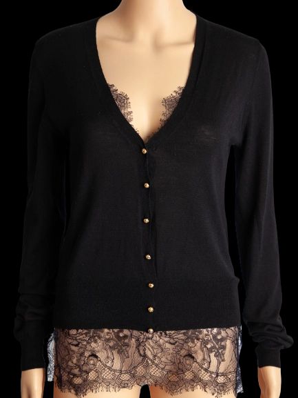 Good Emilio Pucci Black Cardigan XS V-Neck Lace Detailing