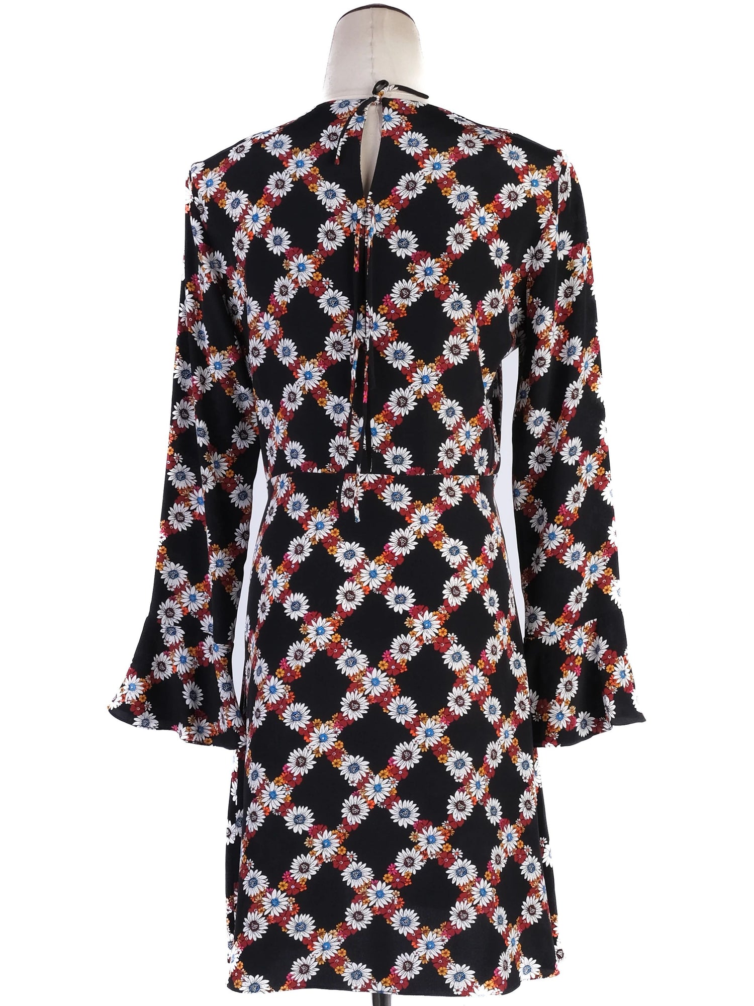 Excellent Sandro Black Silk Dress Size S Floral Pattern Long Sleeve