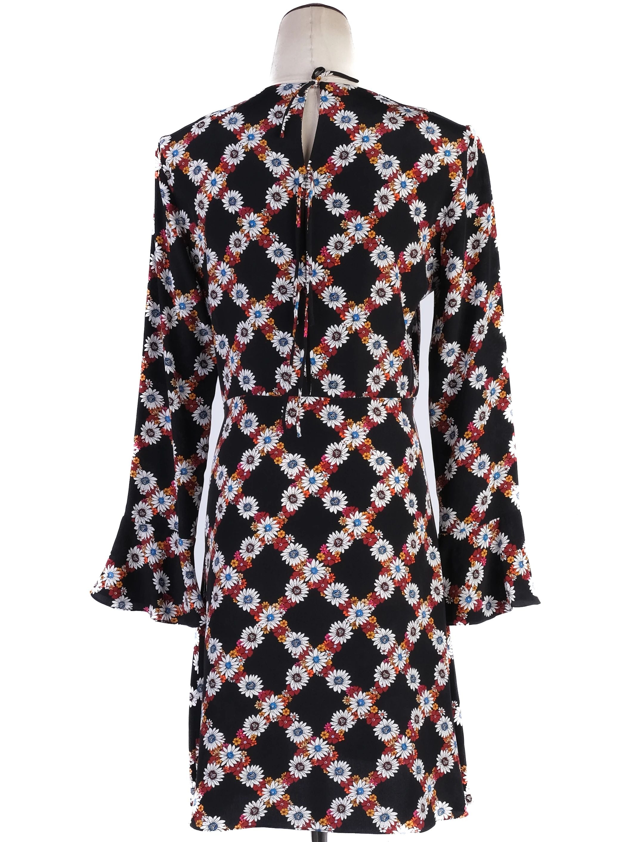 Excellent Sandro Black Silk Dress Size S Floral Pattern Long Sleeve