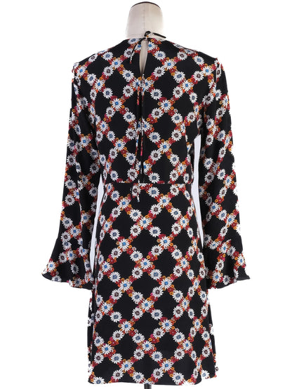 Excellent Sandro Black Silk Dress Size S Floral Pattern Long Sleeve