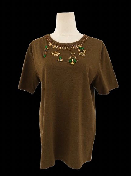 Excellent Green Cotton Top with Embellished Neckline Size L