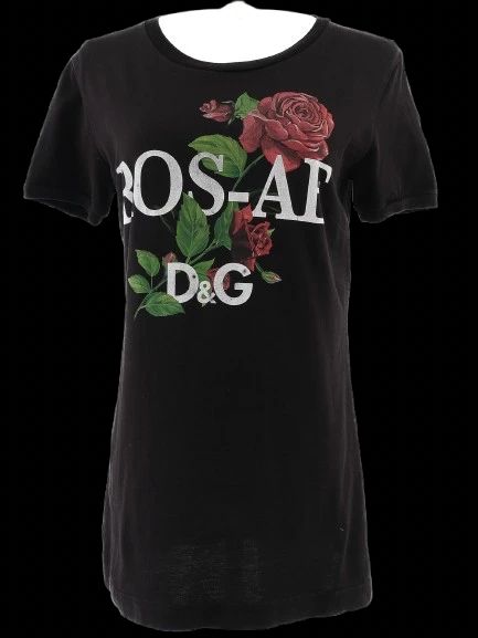 Excellent Dolce Gabbana Black Cotton T-Shirt Size M with Rose Graphics
