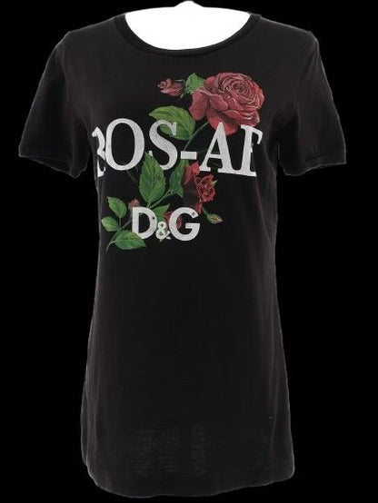 Excellent Dolce Gabbana Black Cotton T-Shirt Size M with Rose Graphics