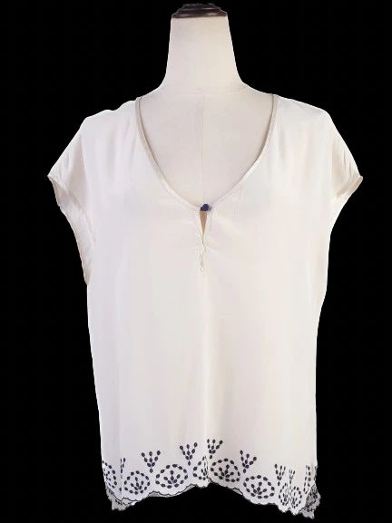 Zadig&amp;Voltaire White Silk Blouse with Navy Embroidery Size M