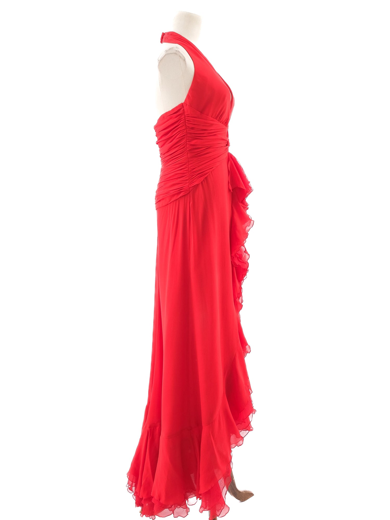 Excellent Luisa Spagnoli Red Silk Evening Gown Size L Halter Neck