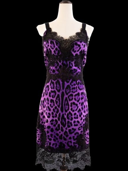 Excellent Dolce Gabbana Purple Black Leopard Print Dress with Lace Details