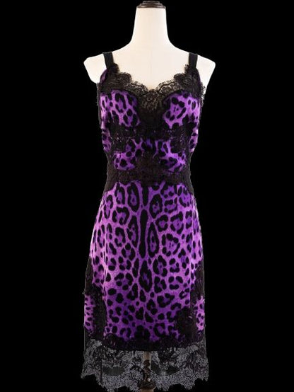 Excellent Dolce Gabbana Purple Black Leopard Print Dress with Lace Details
